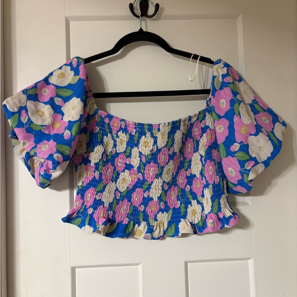 Altar’d State Blue Floral Smocked Off-Shoulder Crop Top